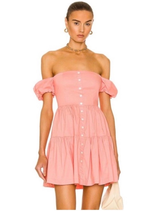 STAUD Dresses & Skirts - STAUD Elio Off-Shoulder Button Front Mini Dress in Pink Grapefruit Size 12